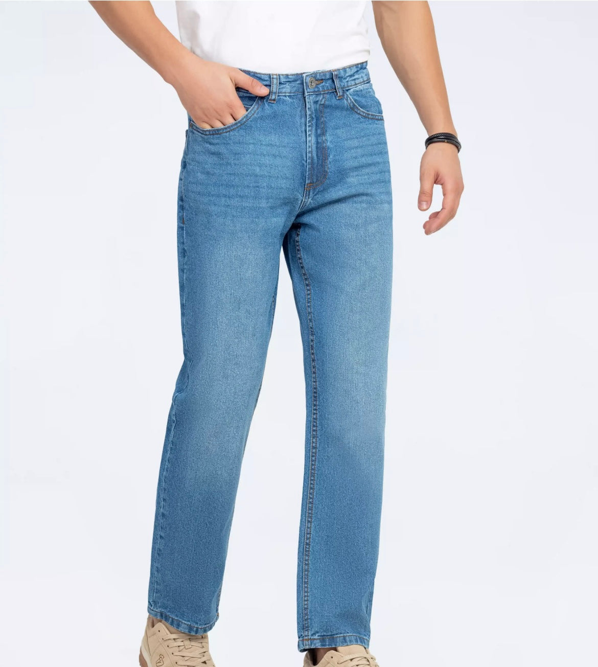 Men's Classic Straight Fit Light Blue Wash Jeans – Mid Rise, 5-Pocket Denim