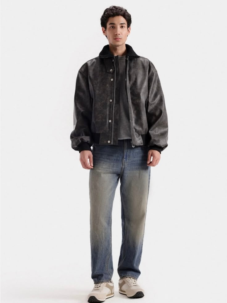 Men's Vintage Wash Faux Leather Bomber Jacket – Sherpa Collar Button-Up Aviator Jacket
