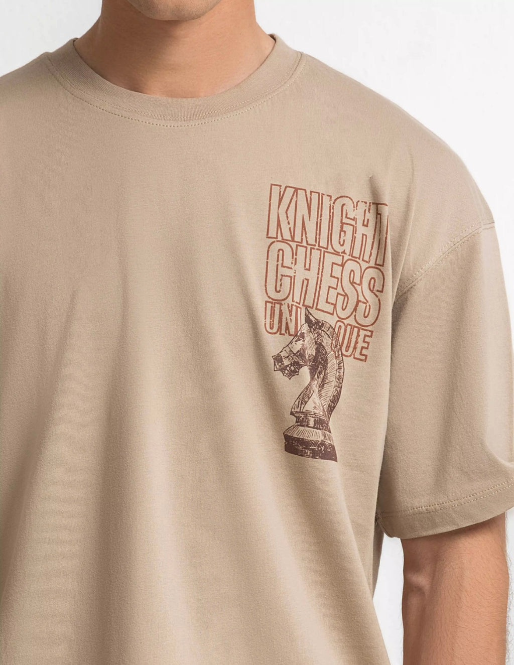 Men's Oversized Back Print T-Shirt - Knight Chess Beige