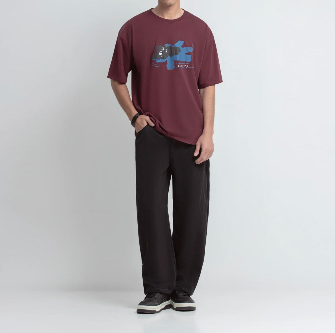 Men's Oversized Graphic T-Shirt - Floating Cat Maroon