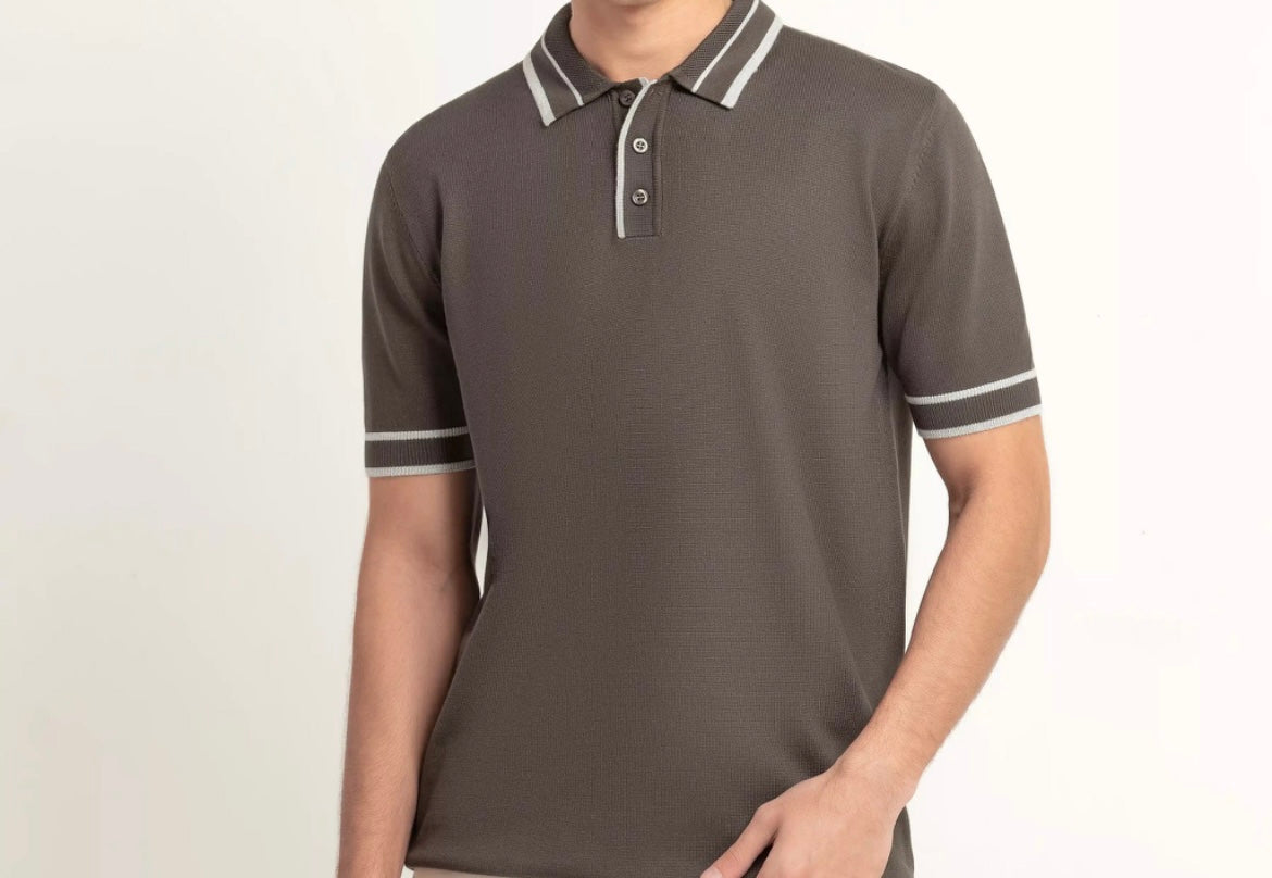 Men's Knit Polo Shirt - Charcoal with White Tipping