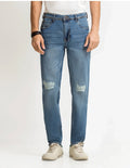 Men's Slim Tapered Fit Medium Blue Wash Jeans – Distressed Back Pocket Denim