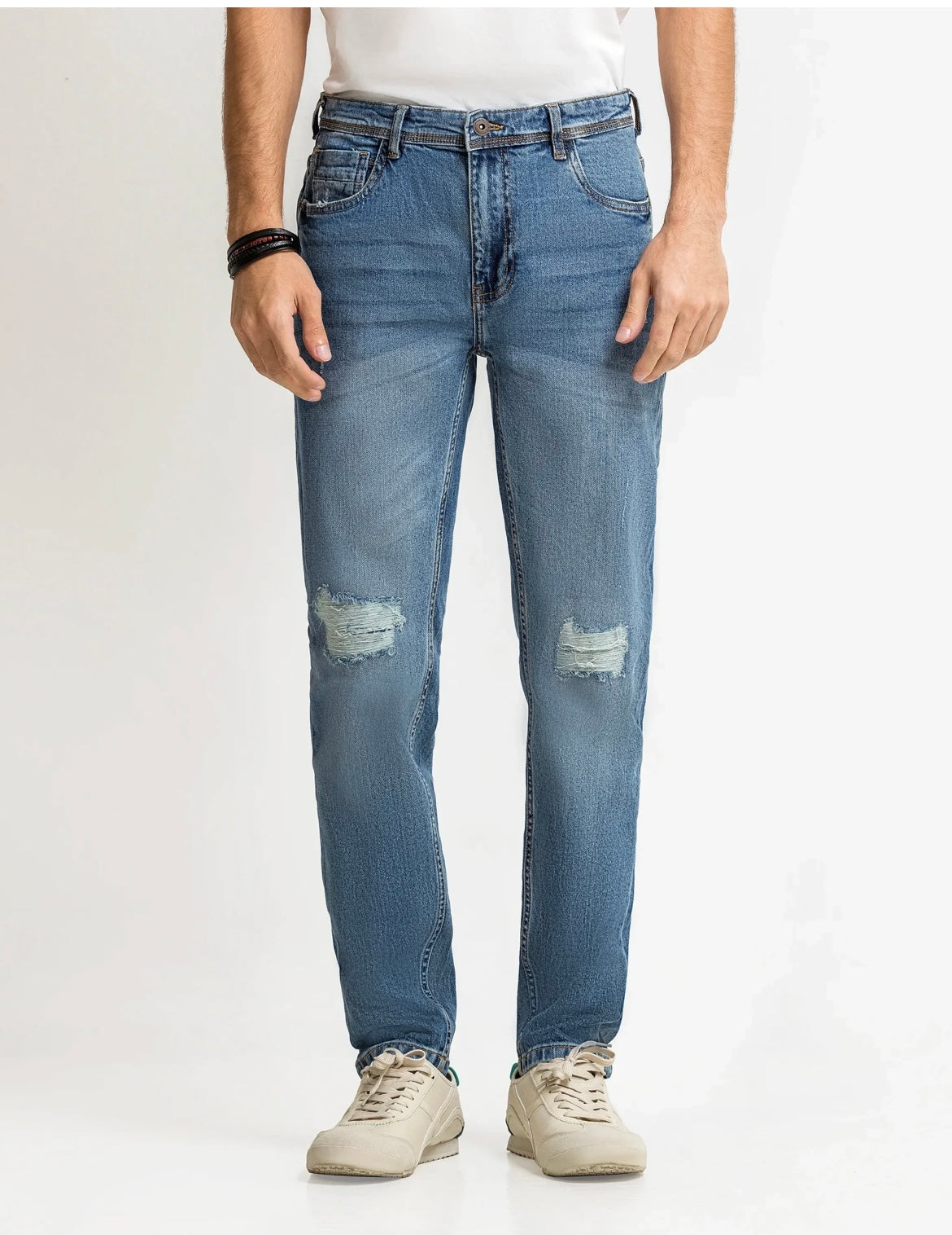 Men's Slim Tapered Fit Medium Blue Wash Jeans – Distressed Back Pocket Denim