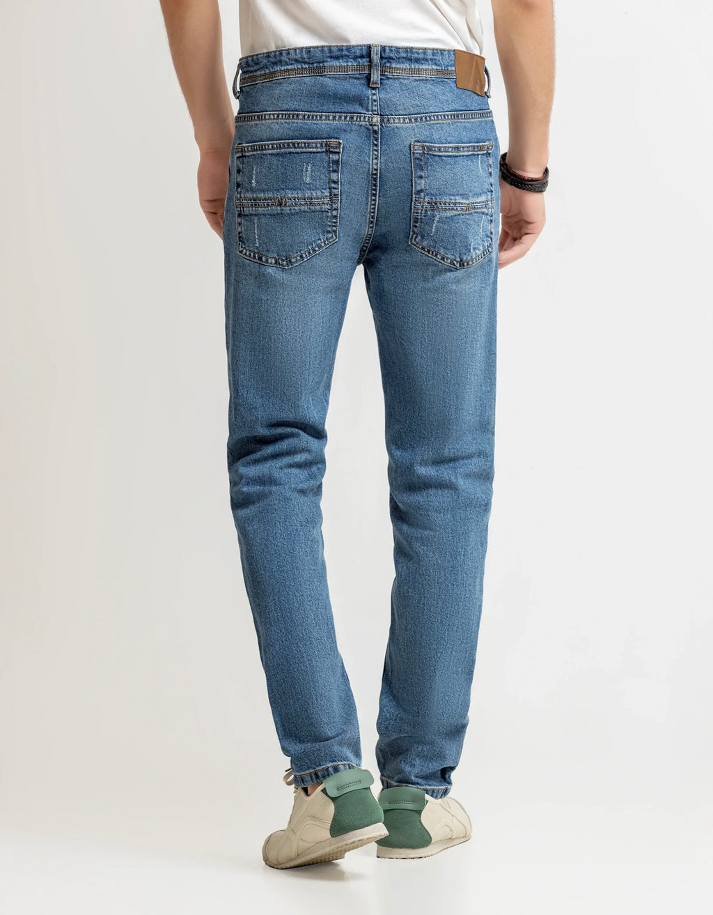 Men's Slim Tapered Fit Medium Blue Wash Jeans – Distressed Back Pocket Denim