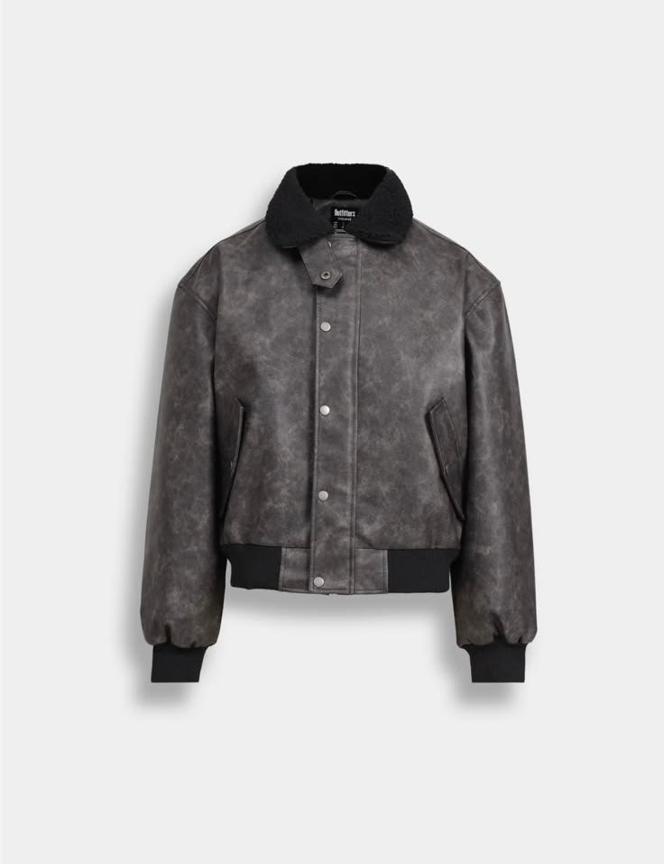Men's Vintage Wash Faux Leather Bomber Jacket – Sherpa Collar Button-Up Aviator Jacket