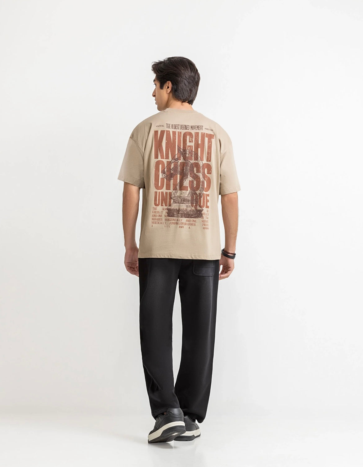 Men's Oversized Back Print T-Shirt - Knight Chess Beige